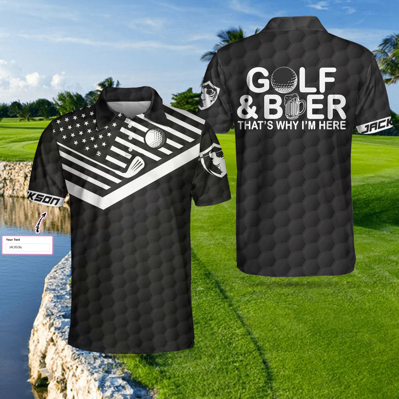 Golf And Beer That's Why I'm Here Custom Polo Shirt, Personalized American Flag Golf Shirt For Beer Lovers