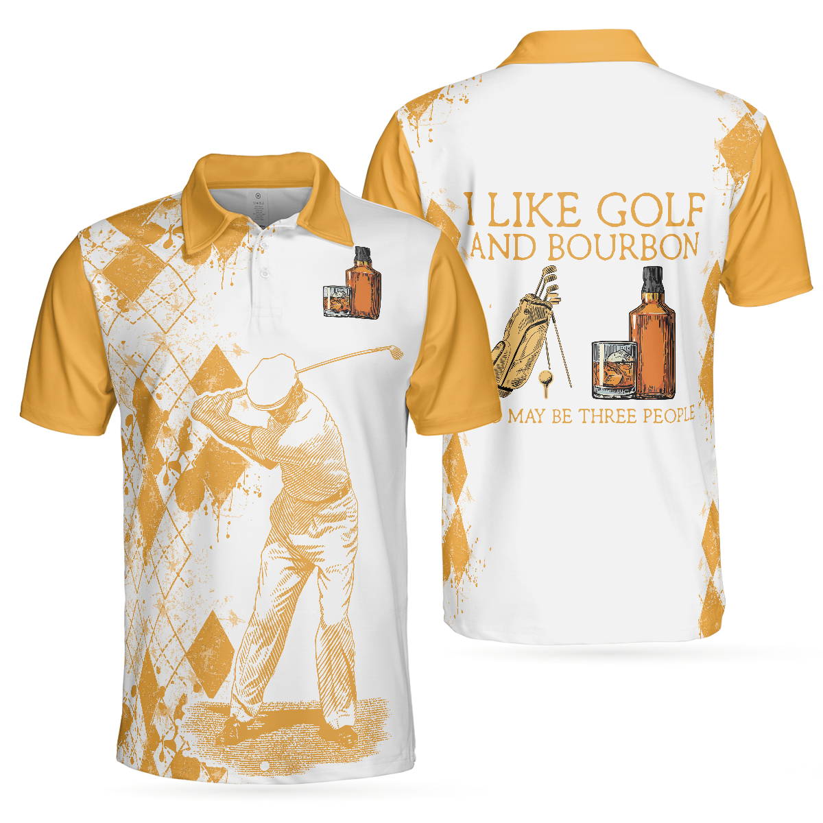 Golf And Wine Polo Shirt, Orange Argyle Pattern Golf Shirt For Male Players, Funny Golf Shirt With Sayings