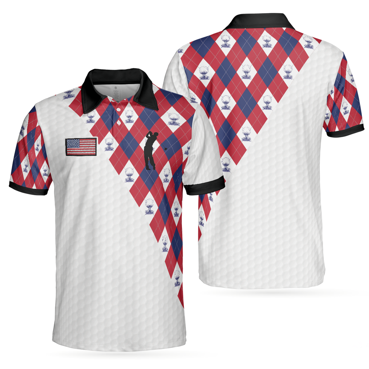 Golf Argyle Pattern Short Sleeve Golf Polo Shirt, American Flag Polo Shirt, Patriotic Golf Shirt For Men