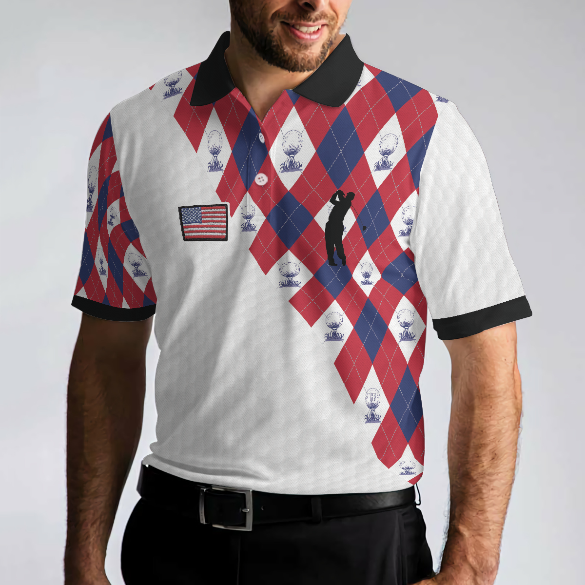 Alternative view of Golf Argyle Pattern Short Sleeve Golf Polo Shirt, American Flag Polo Shirt, Patriotic Golf Shirt For Men