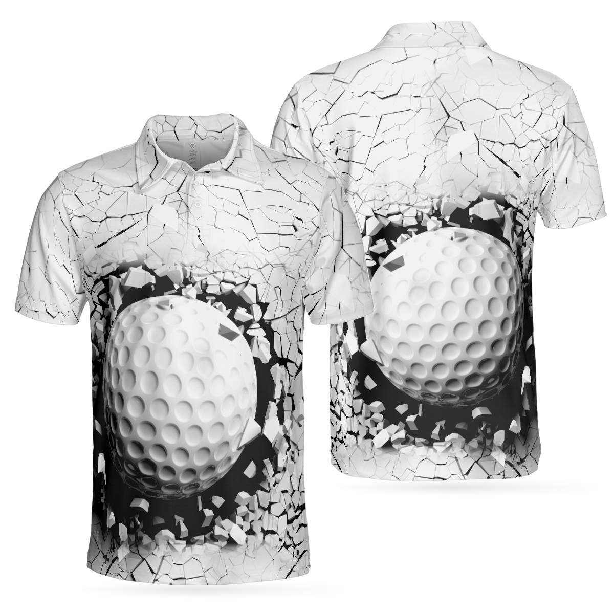 Golf Ball Breaking Polo Shirt, Black And White Cracking Pattern Polo Shirt, Best Golf Shirt For Men