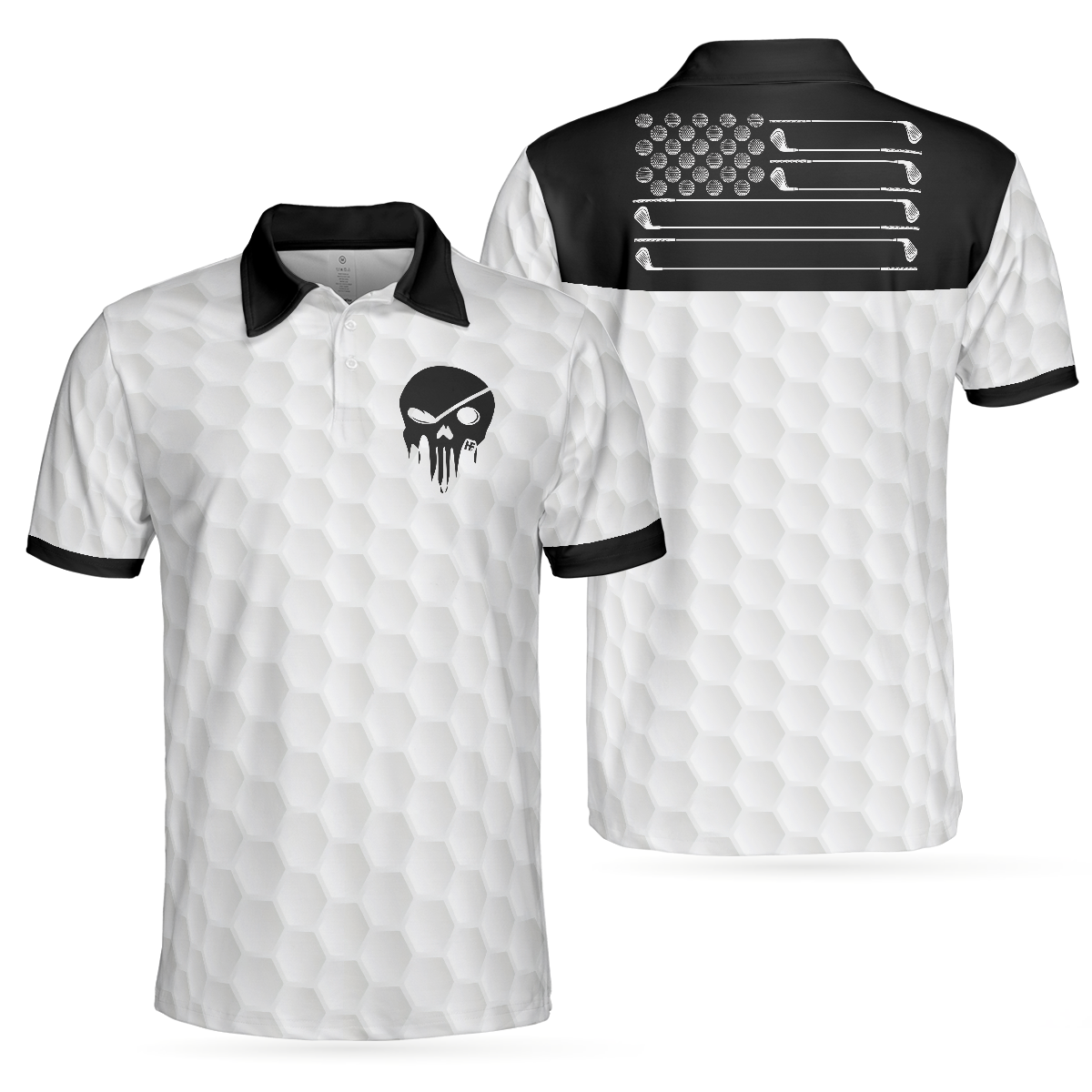 Golf Ball Pattern Skull Polo Shirt, Black And White American Flag Polo Shirt, Best Golf Shirt For Men