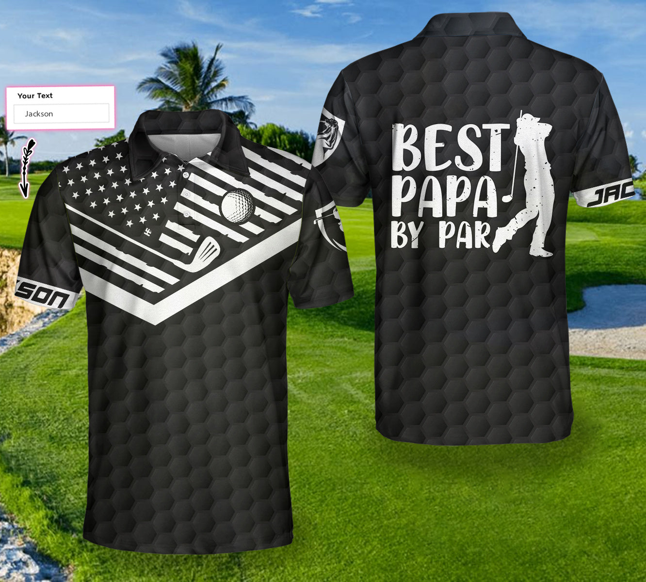 Golf Best Papa by Par Custom Polo Shirt, Personalized Black American Flag Golf Shirt For Men