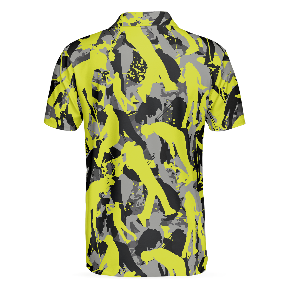 Alternative view of Golf Camo Light Green Pattern Golf Polo Shirt, Yellow Silhouette Golfing Polo Shirt, Camouflage Golf Shirt For Men