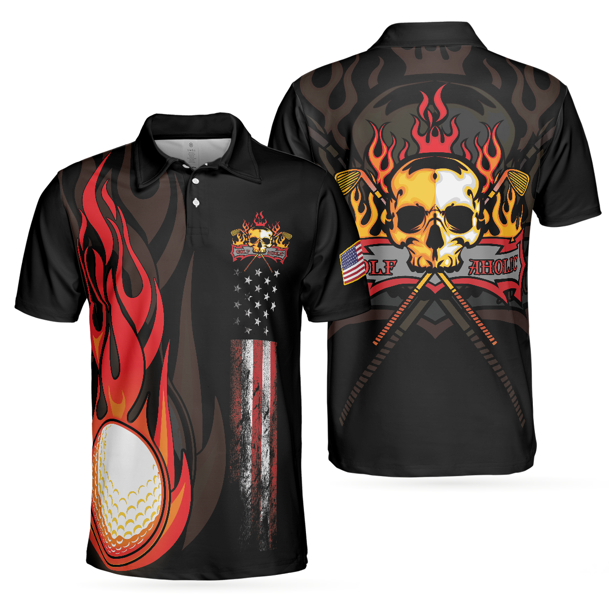 Golf Flame Skull Short Sleeve Golf Polo Shirt, Black American Flag Golf Shirt For Men, Cool Gift For Golfers