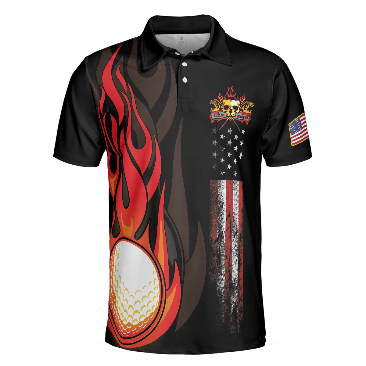 Alternative view of Golf Flame Skull Short Sleeve Golf Polo Shirt, Black American Flag Golf Shirt For Men, Cool Gift For Golfers