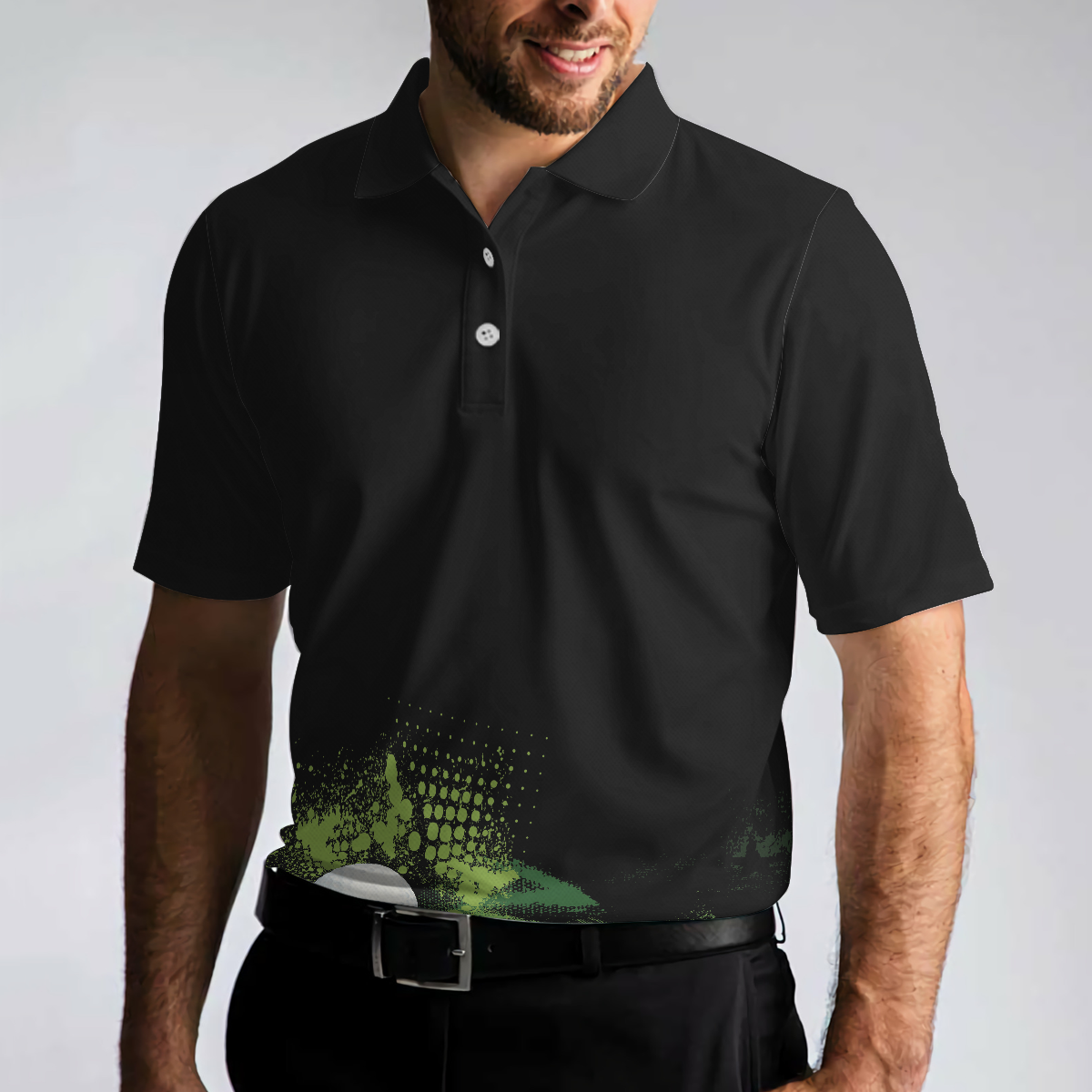 Alternative view of Golf Grunge Graphic Golf Polo Shirt, Wet Paint Silhouette Black Polo Shirt, Best Golf Shirt For Men