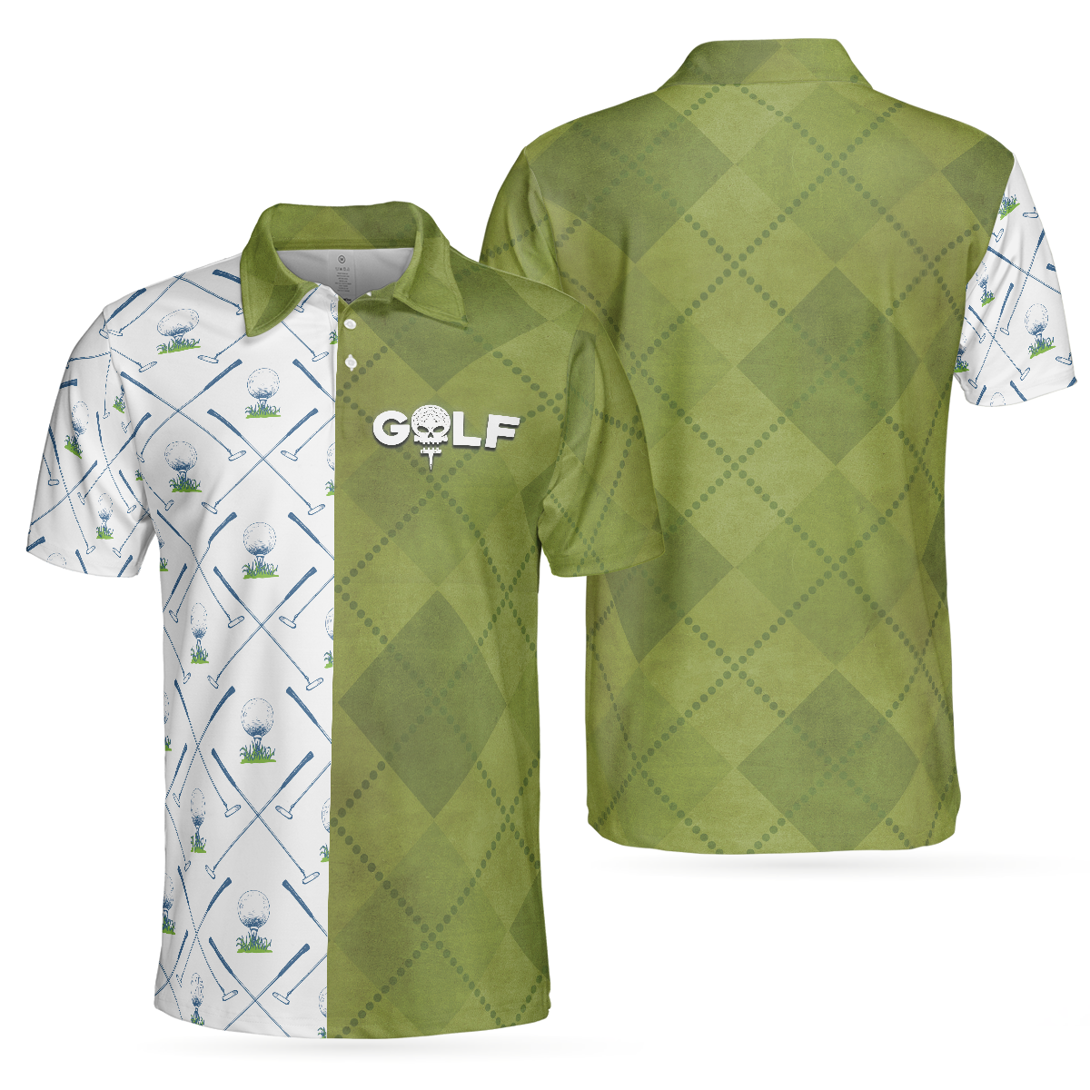 Golf Pattern Green And White Polo Shirt, Golf Club Argyle Pattern Skull Polo Shirt, Best Golf Shirt For Men