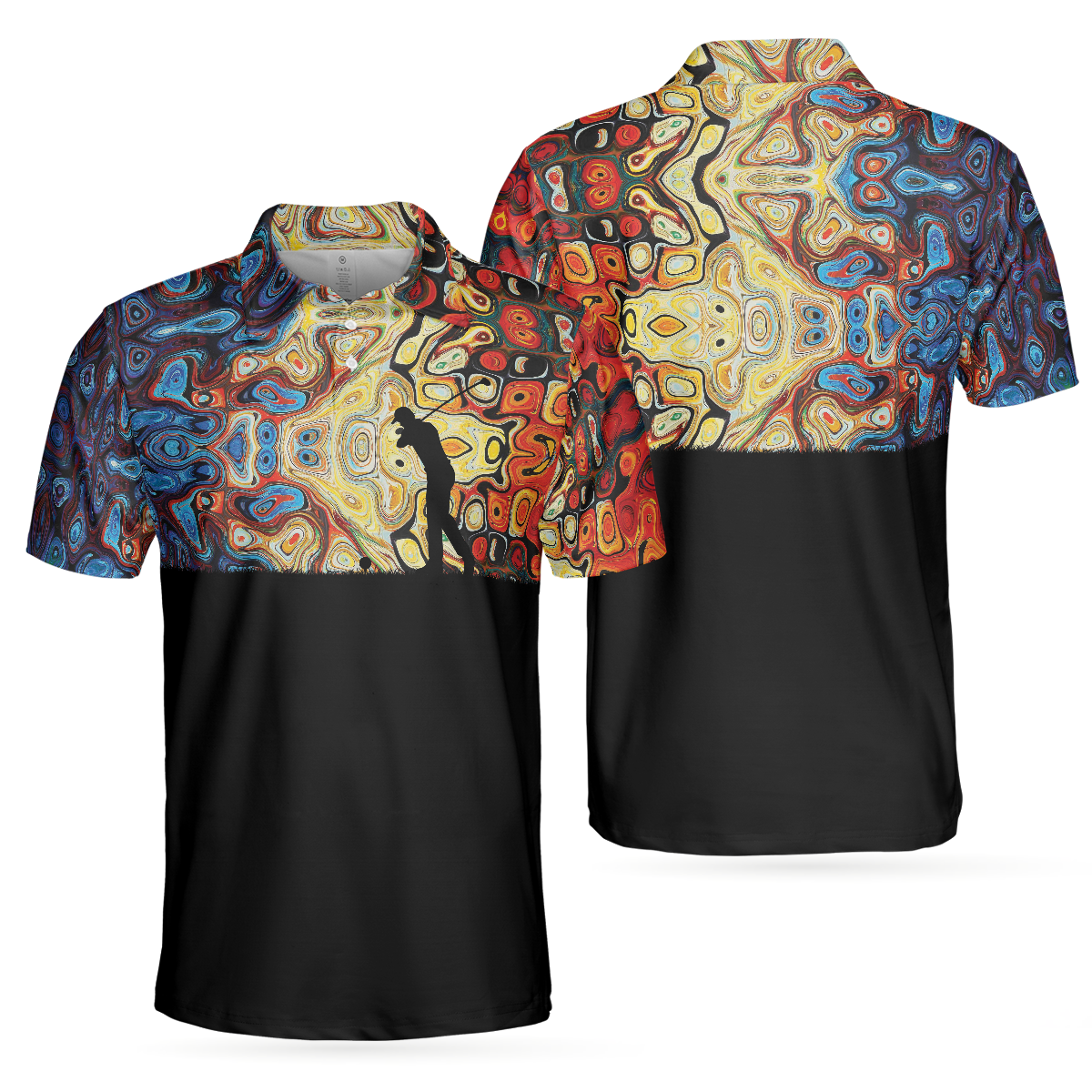 Golf Silhouette With Sky Wavy Abstract Seamless Pattern Polo Shirt, Black Golf Shirt For Men