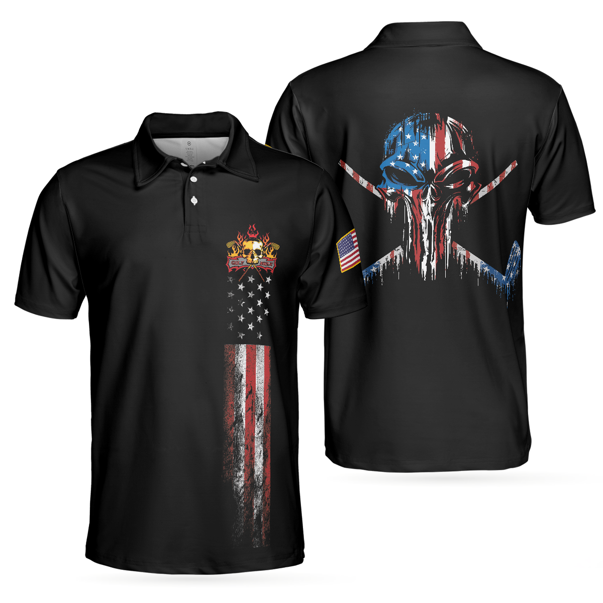 Golf Skull America Flag Short Sleeve Polo Shirt, Wet Paint Black Polo Shirt, Best Golf Shirt For Men