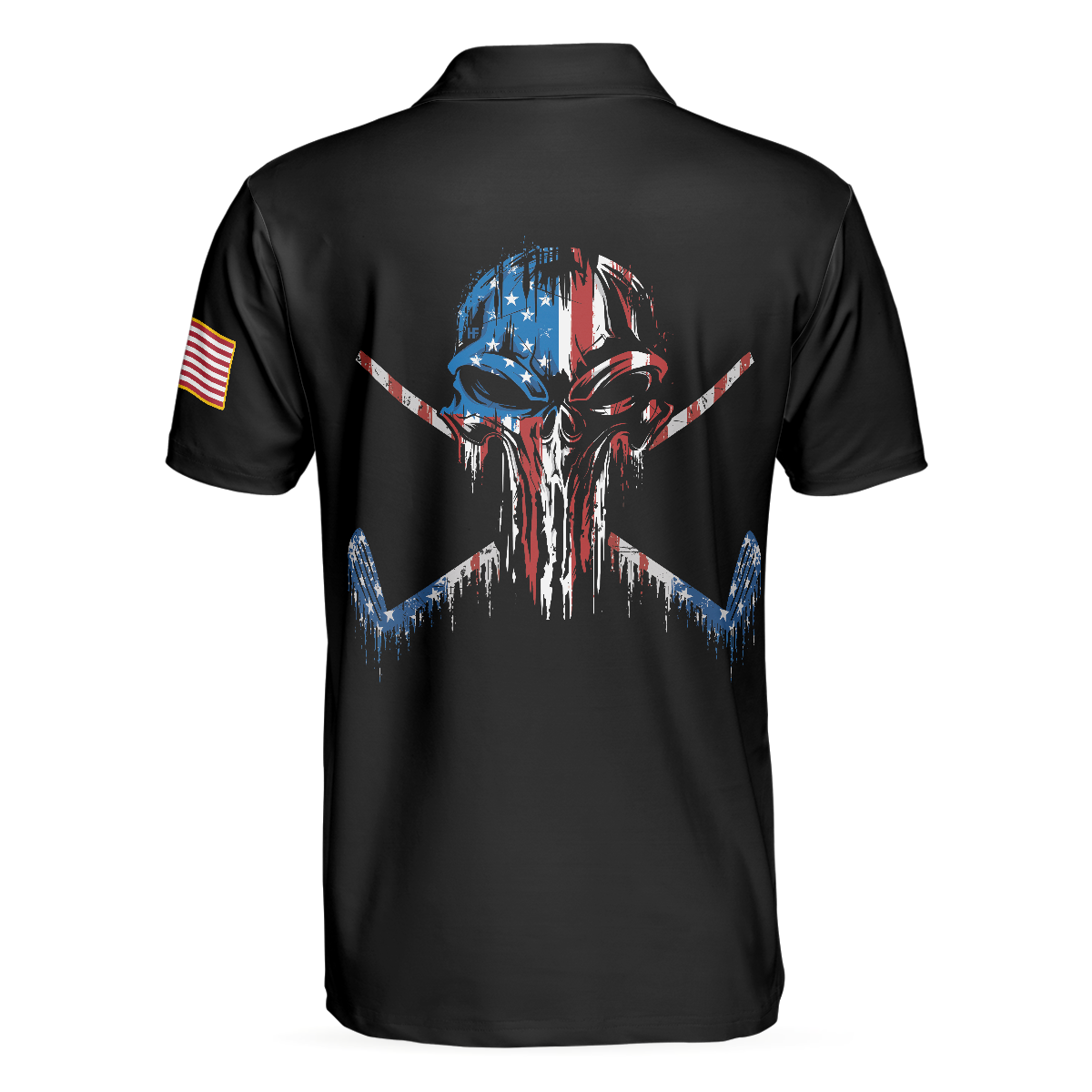 Alternative view of Golf Skull America Flag Short Sleeve Polo Shirt, Wet Paint Black Polo Shirt, Best Golf Shirt For Men
