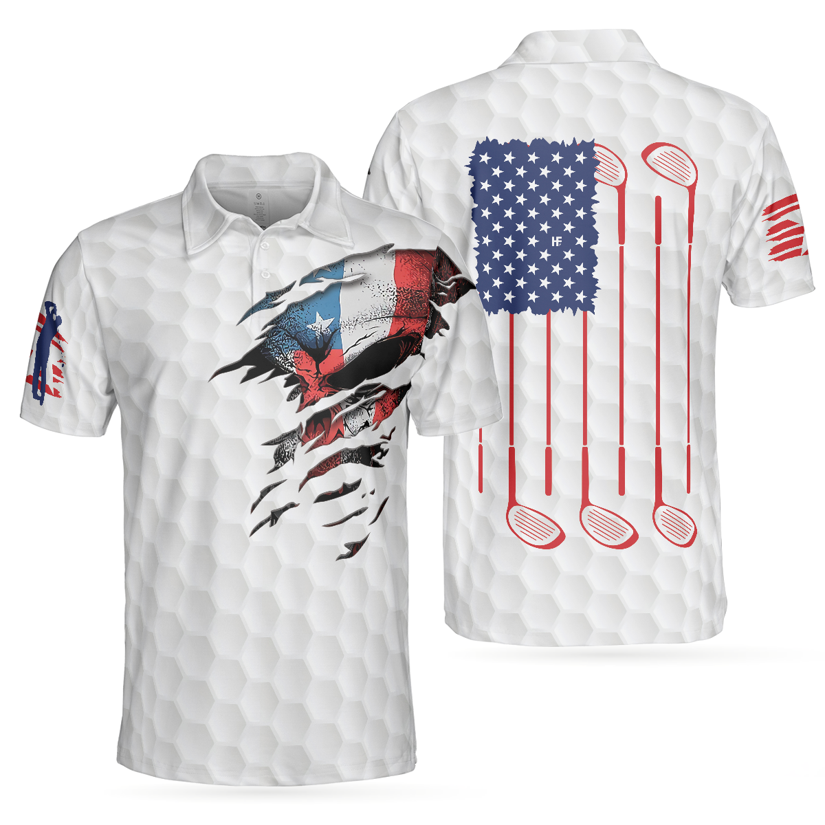 Golf Skull American Flag Short Sleeve Polo Shirt, White Golf Pattern Polo Shirt, Patriotic Golf Shirt For Men