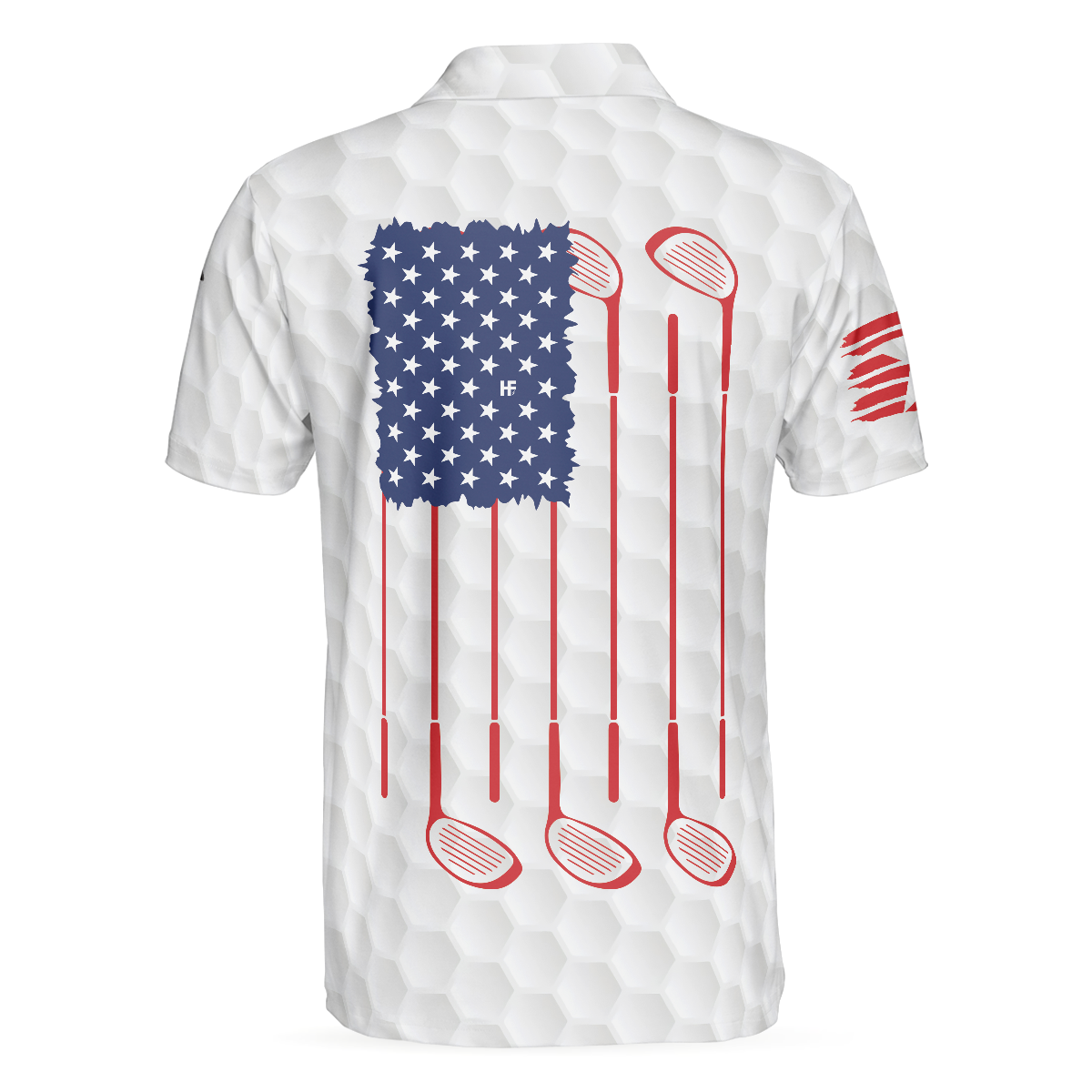 Alternative view of Golf Skull American Flag Short Sleeve Polo Shirt, White Golf Pattern Polo Shirt, Patriotic Golf Shirt For Men