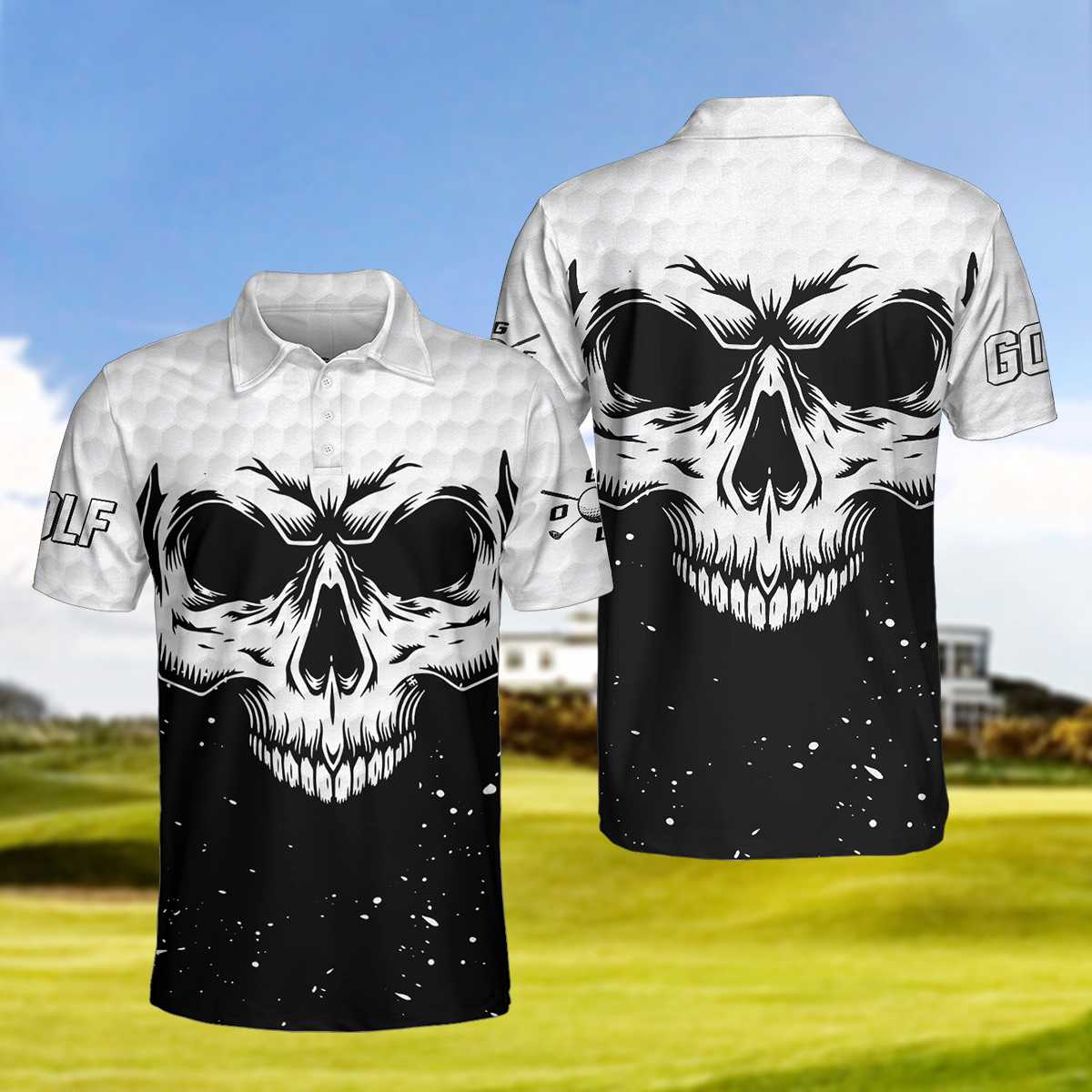 Golf Skull Pattern Black And White Polo Shirt, Golf Pattern Polo Shirt, Best Golf Shirt For Men