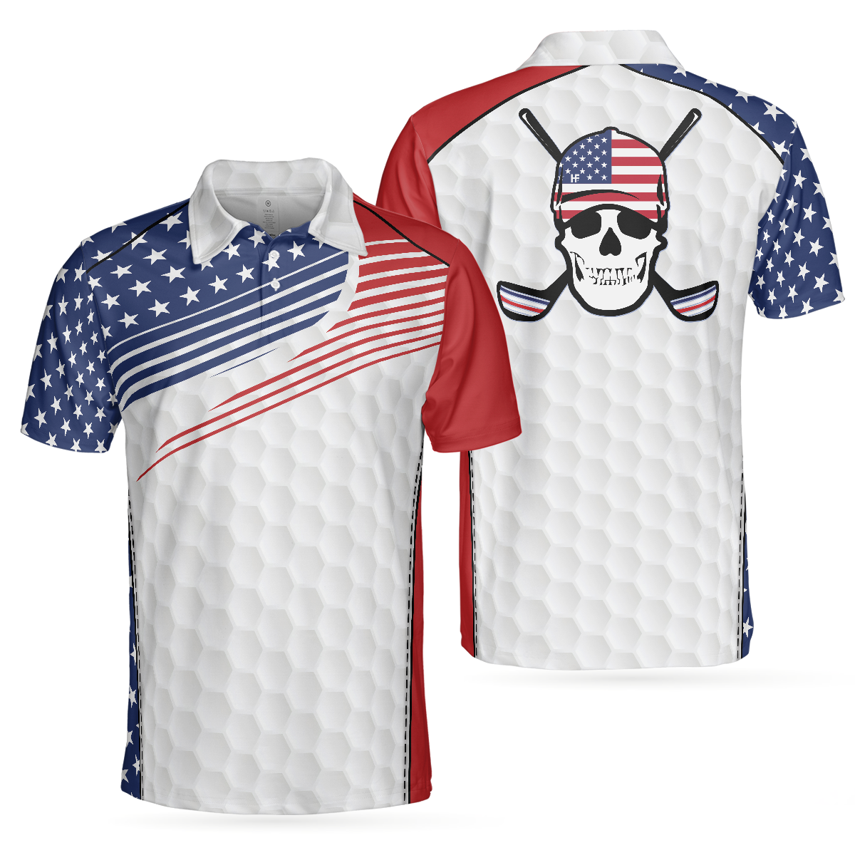 Golf Skull Wear Hat Short Sleeve USA Golf Polo Shirt, American Flag Polo Shirt, Patriotic Golf Shirt For Men