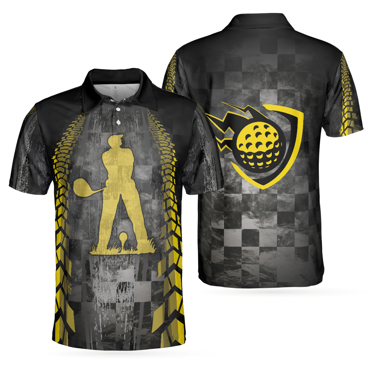 Golfer On Yellow Silhouette Polo Shirt, Checker Pattern Racing Polo Shirt, Best Golf Shirt For Men