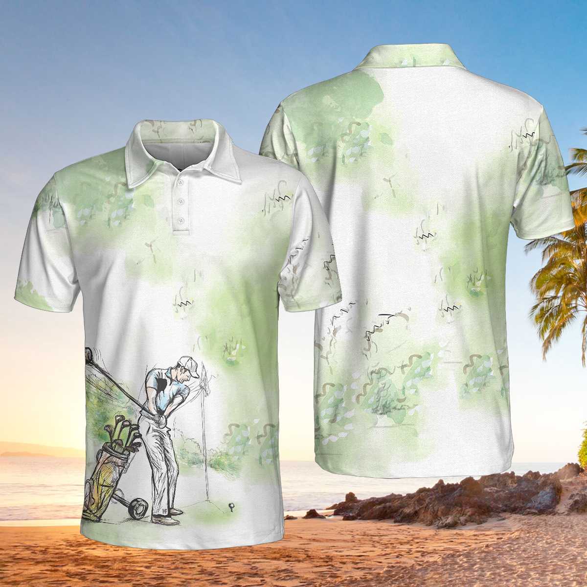 Golfer Painting Short Sleeve Polo Shirt, Green Tree Pattern Golfer Sketching Polo Shirt, Best Golf Shirt For Men