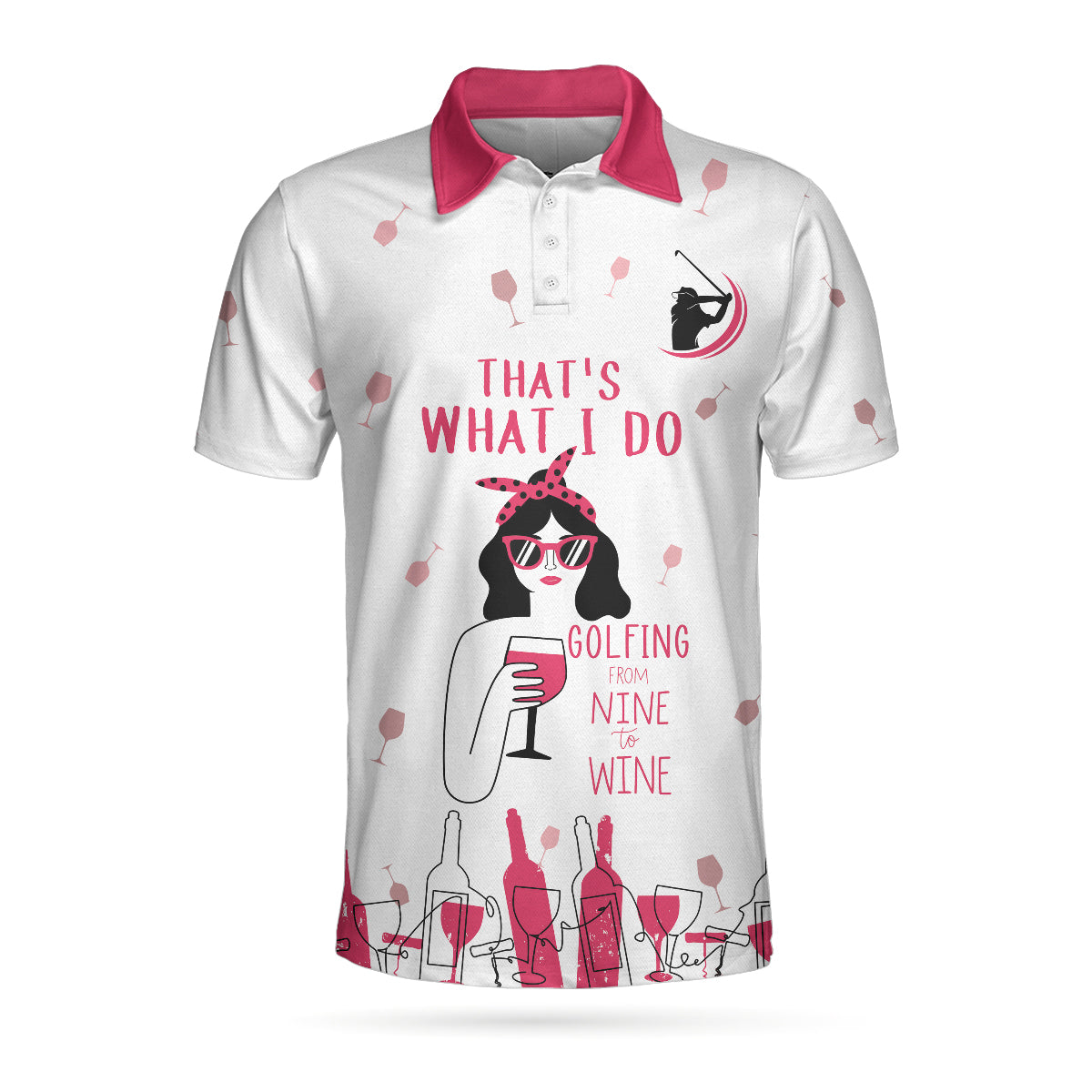 Alternative view of Golfing From Nine To Wine Short Sleeve Polo Shirt, Pink Polo Shirt For Men