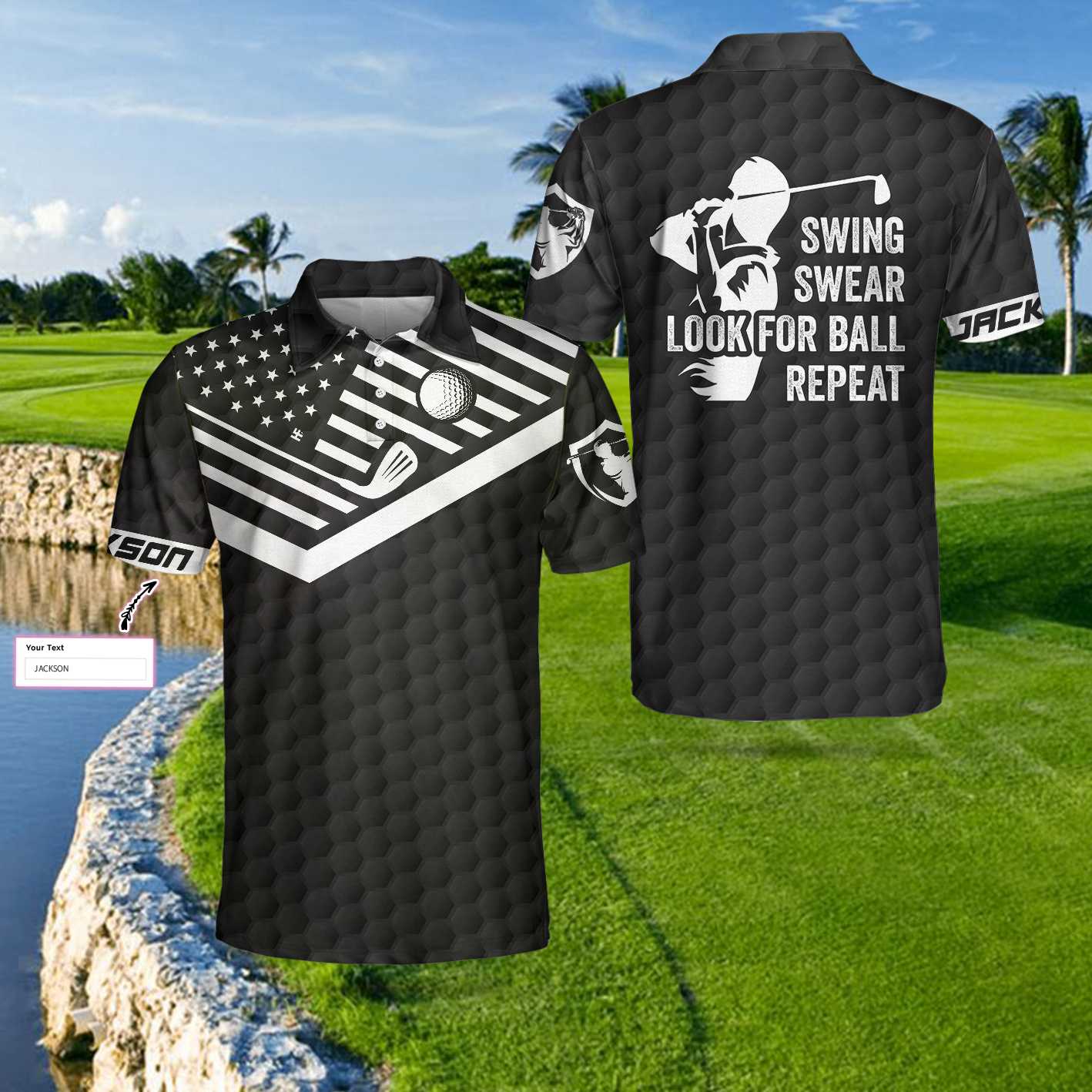 Golfing Instructions Custom Polo Shirt, Personalized Black American Flag Polo Shirt, Cool Golf Shirt For Men