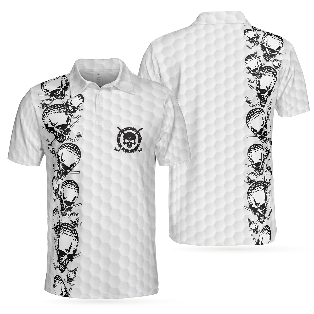 Golfing Skull Golf Ball And Clubs Shirt Polo Shirt, Golf Pattern Polo Shirt, Black And White Golf Shirt For Men