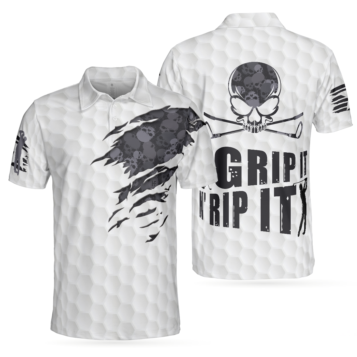 Grip It N' Rip It Golf Ball Texture Short Sleeve Polo Shirt, Ripped Skull Pattern Polo Shirt, Best Golf Shirt For Men