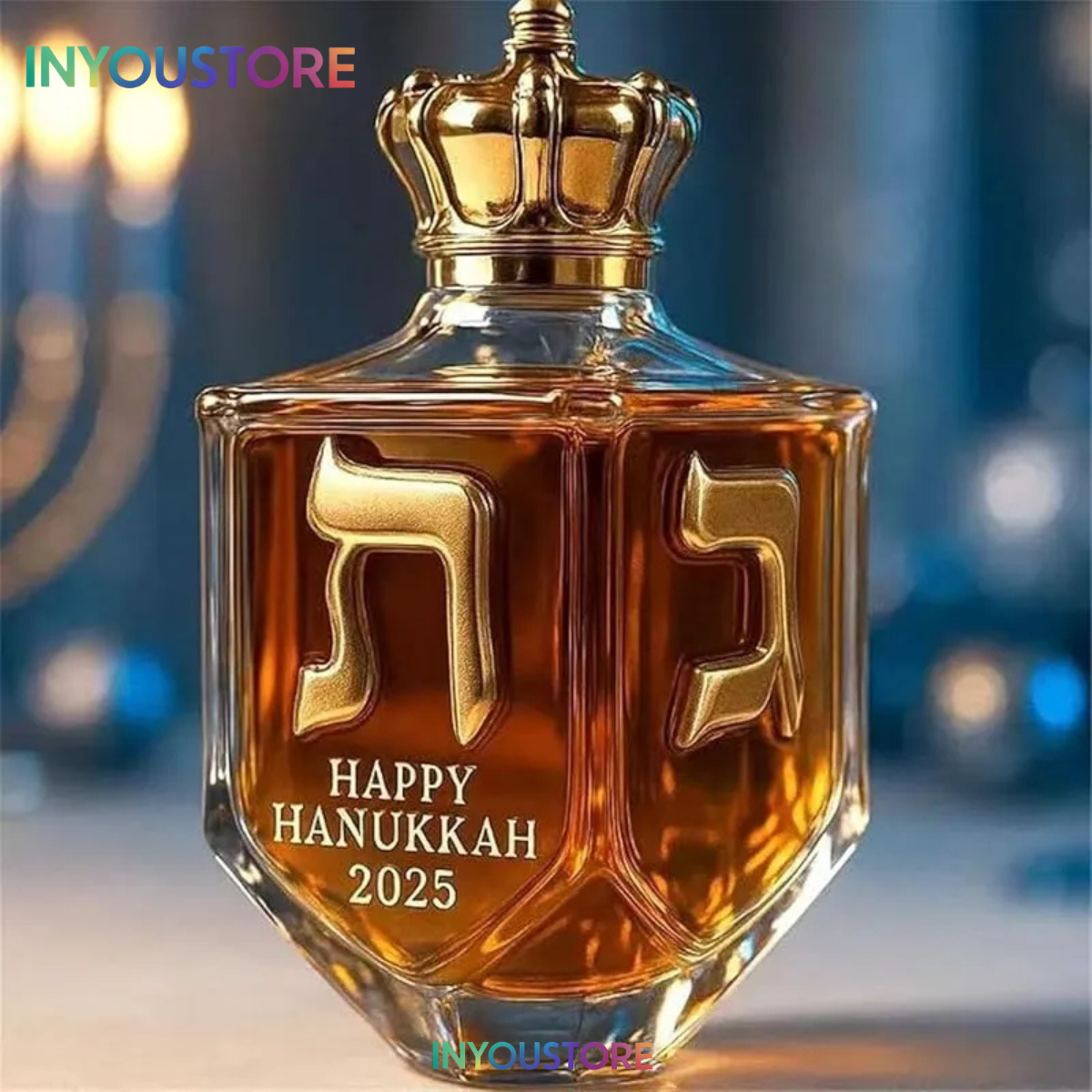 Happy Hanukkah 2025 Whiskey Bottle, Gold Rimmed High Borosilicate Glass Whiskey Bottle
