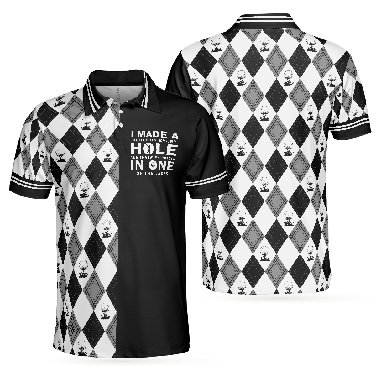 I Made A Bogey On Every Hole Polo Shirt, Black And White Argyle Pattern Polo Shirt, Cool Golf Shirt For Men