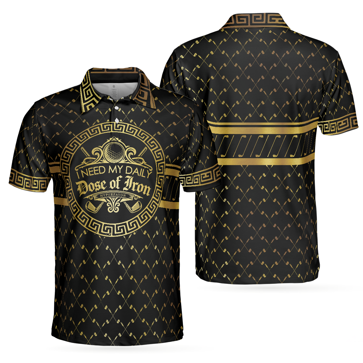 I Need My Daily Dose Of Iron Black & Gold Polo Shirt, Luxury Golden Greek Golf Shirt For Men