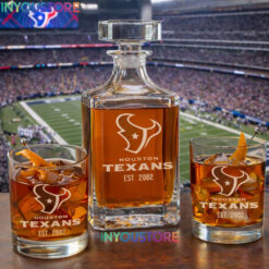Houston Texans Custom Decanter Set with 2 Whiskey Glasses Etched Glassware Kit Est. 2002 NFL Fan Gift Ver 2