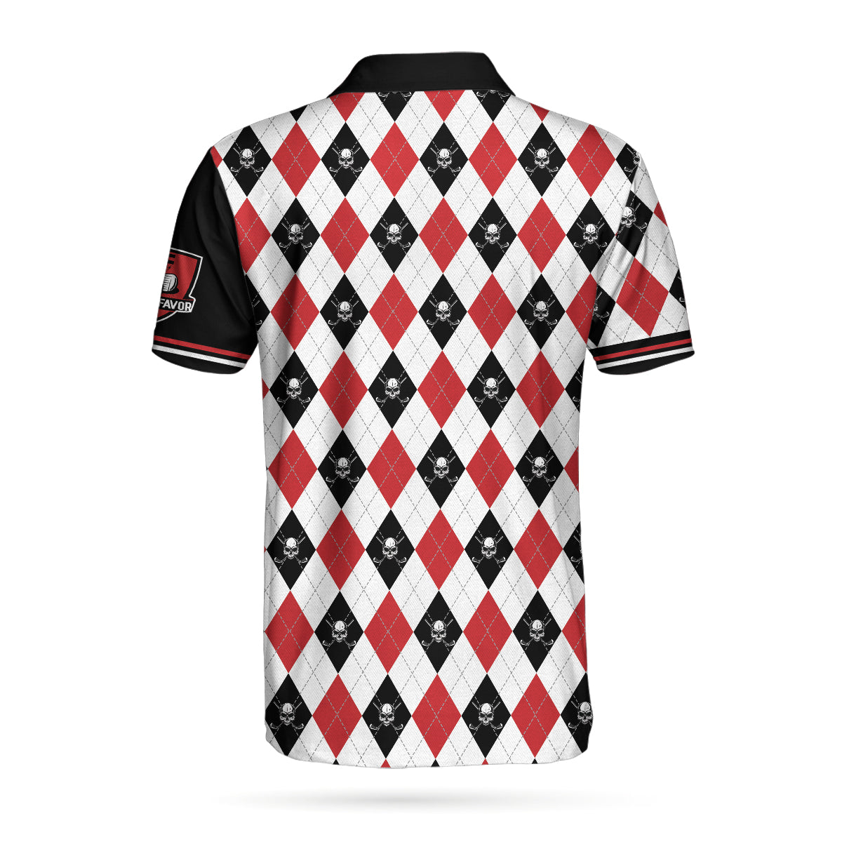 Alternative view of It Takes A Lot Of Balls Red Black And White Pattern Polo Shirt, Argyle Pattern Skull Golf Shirt For Men