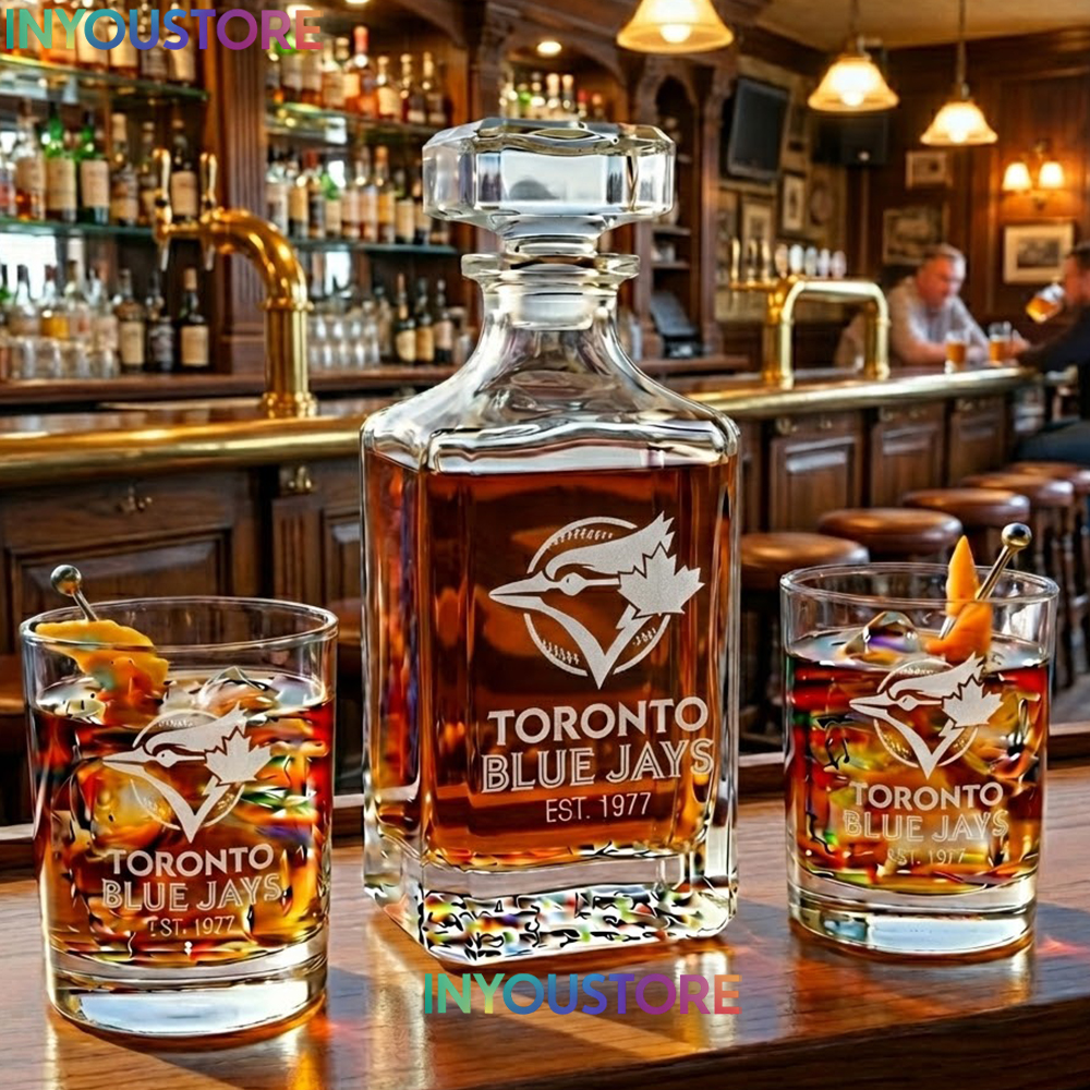 Toronto Blue Jays Custom Decanter Set with 2 Whiskey Glasses Etched Glassware Kit Est. 1977 MLB Fan Gift - Image 3