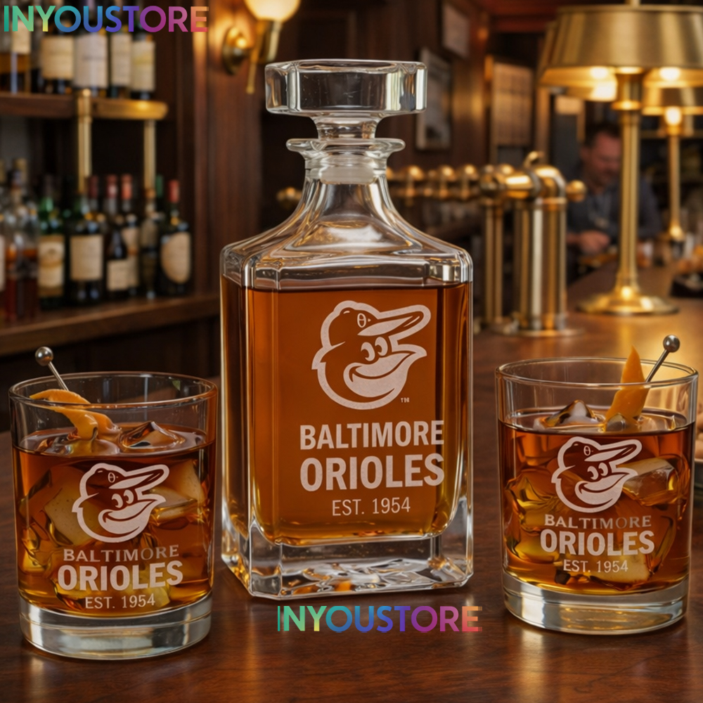 Baltimore Orioles Custom Decanter Set with 2 Whiskey Glasses Etched Glassware Kit Est. 1954 MLB Fan Gift - Image 3