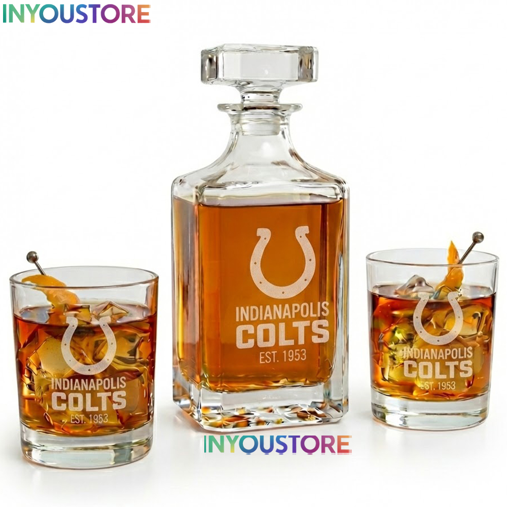 Indianapolis Colts Custom Decanter Set with 2 Whiskey Glasses Etched Glassware Kit Est. 1953 NFL Fan Gift - Image 4
