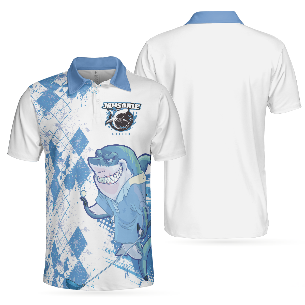 Jawsome Golfer Shark Short Sleeve Golf Polo Shirt, Argyle Pattern Polo Shirt, Best Golf Shirt For Men