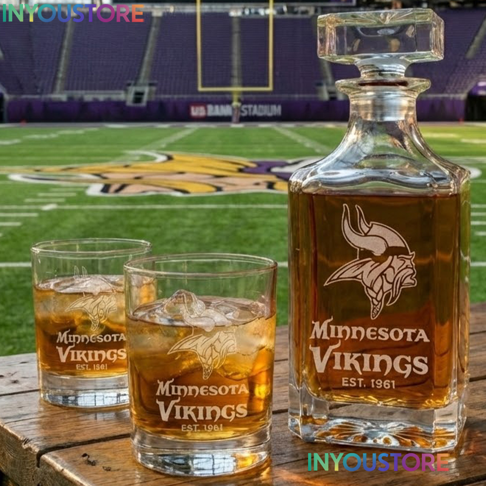 Minnesota Vikings Custom Decanter Set with 2 Whiskey Glasses Etched Glassware Kit Est. 1961 NFL Fan Gift