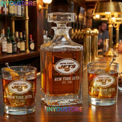 New York Jets Custom Decanter Set with 2 Whiskey Glasses Etched Glassware Kit Est. 1960 NFL Fan Gift