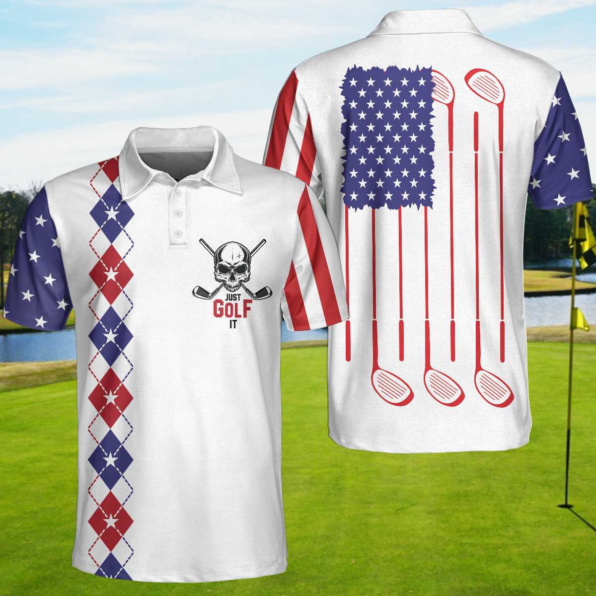 Just Golf It Skull Short Sleeve Golf Polo Shirt, Argyle Pattern American Flag Golf Shirt For Men