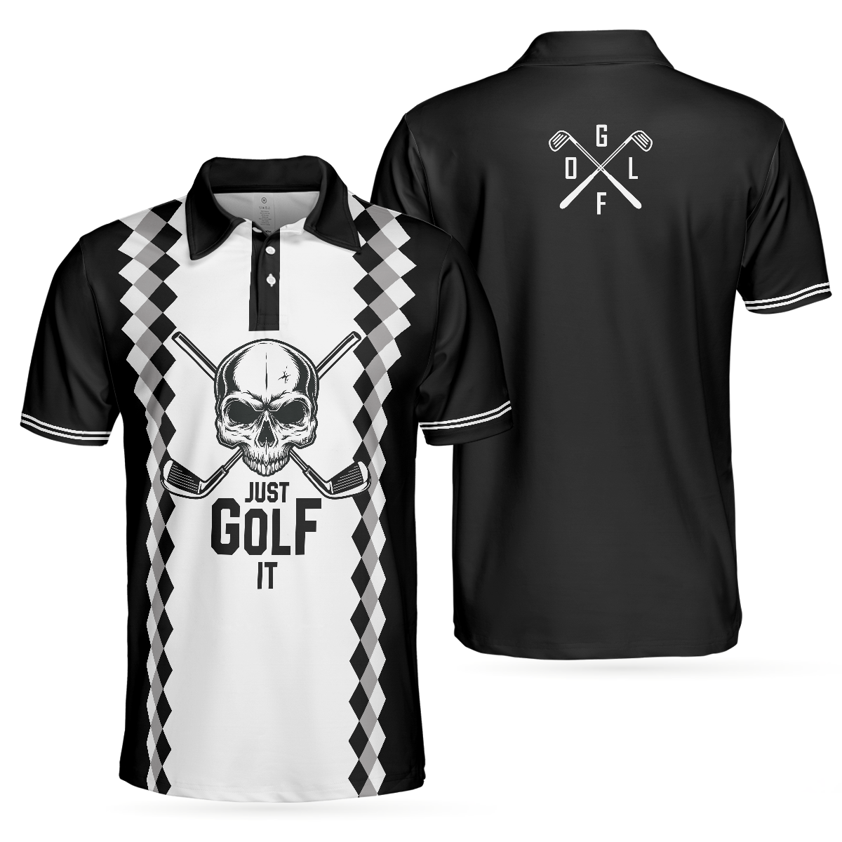 Just Golf It Skull Short Sleeve Golf Polo Shirt, Black And White Golf Shirt For Men