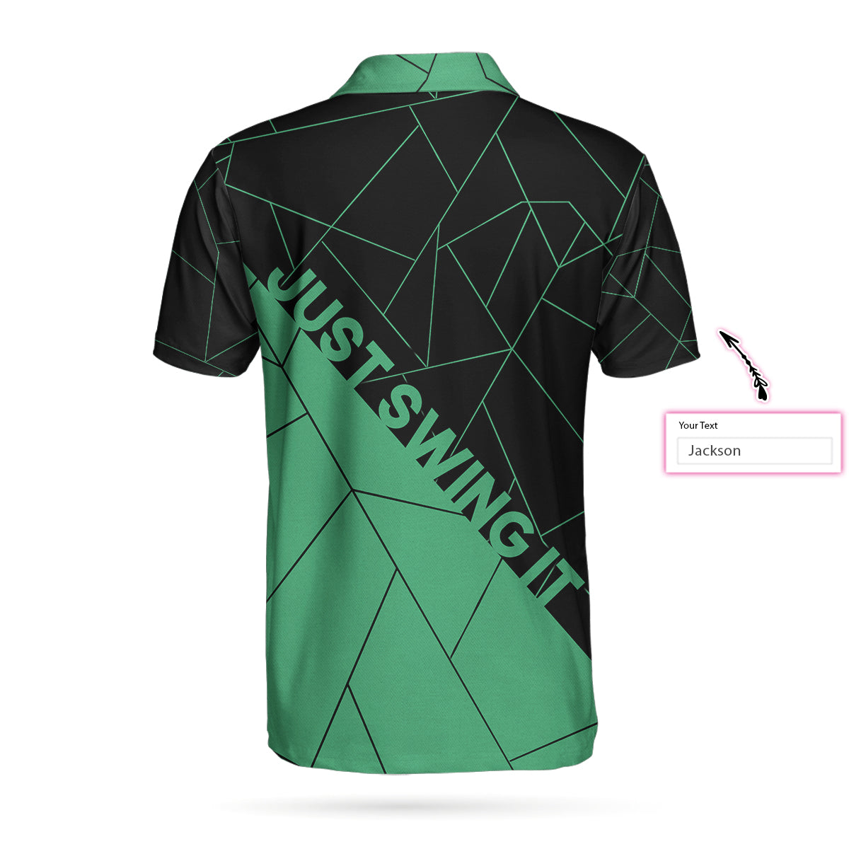 Alternative view of Just Swing It Abstract Geometric Line Pattern Custom Polo Shirt, Personalized Black And Cyan Golf Shirt For Men