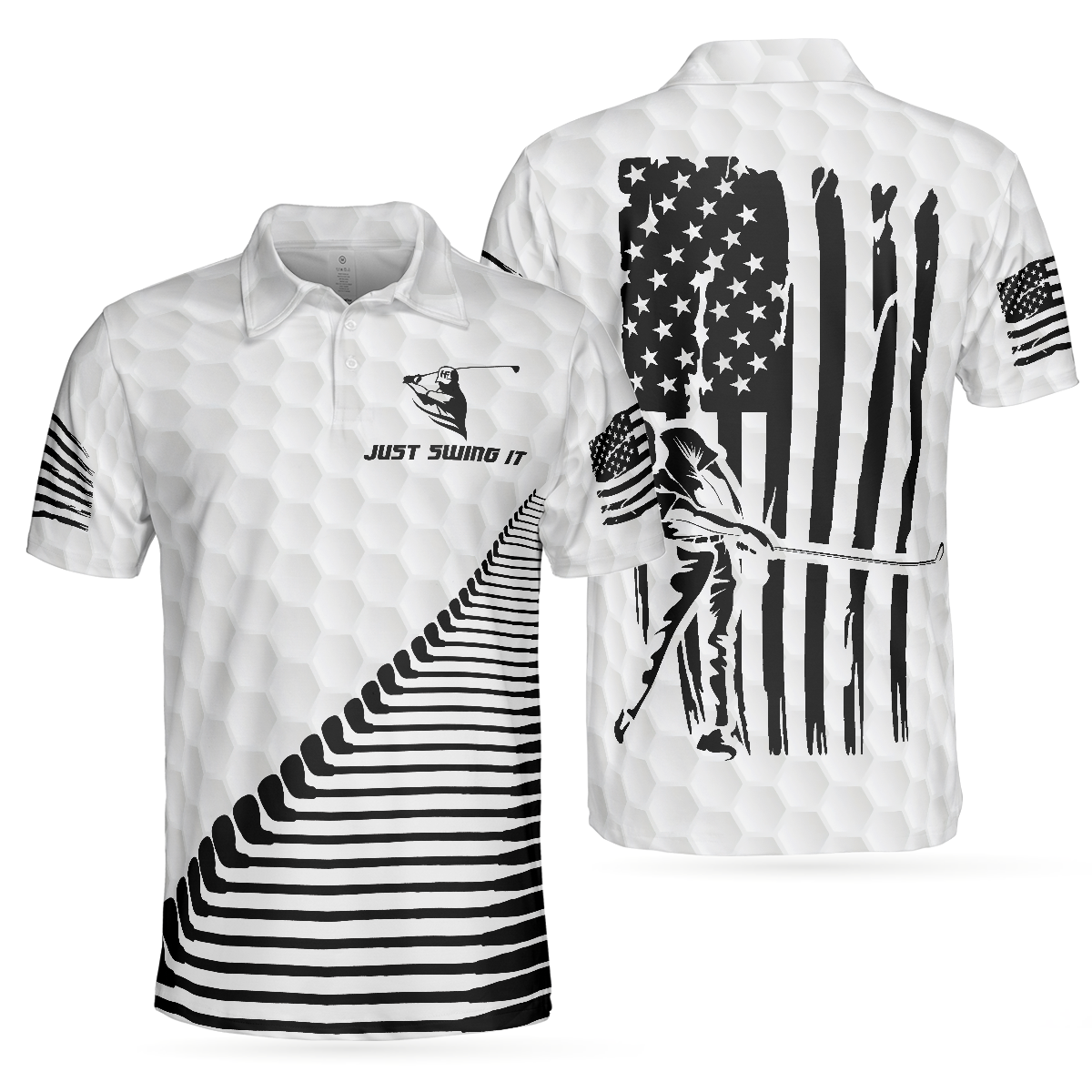 Just Swing It American Golfer Polo Shirt, Black And White American Flag Golf Shirt For Men