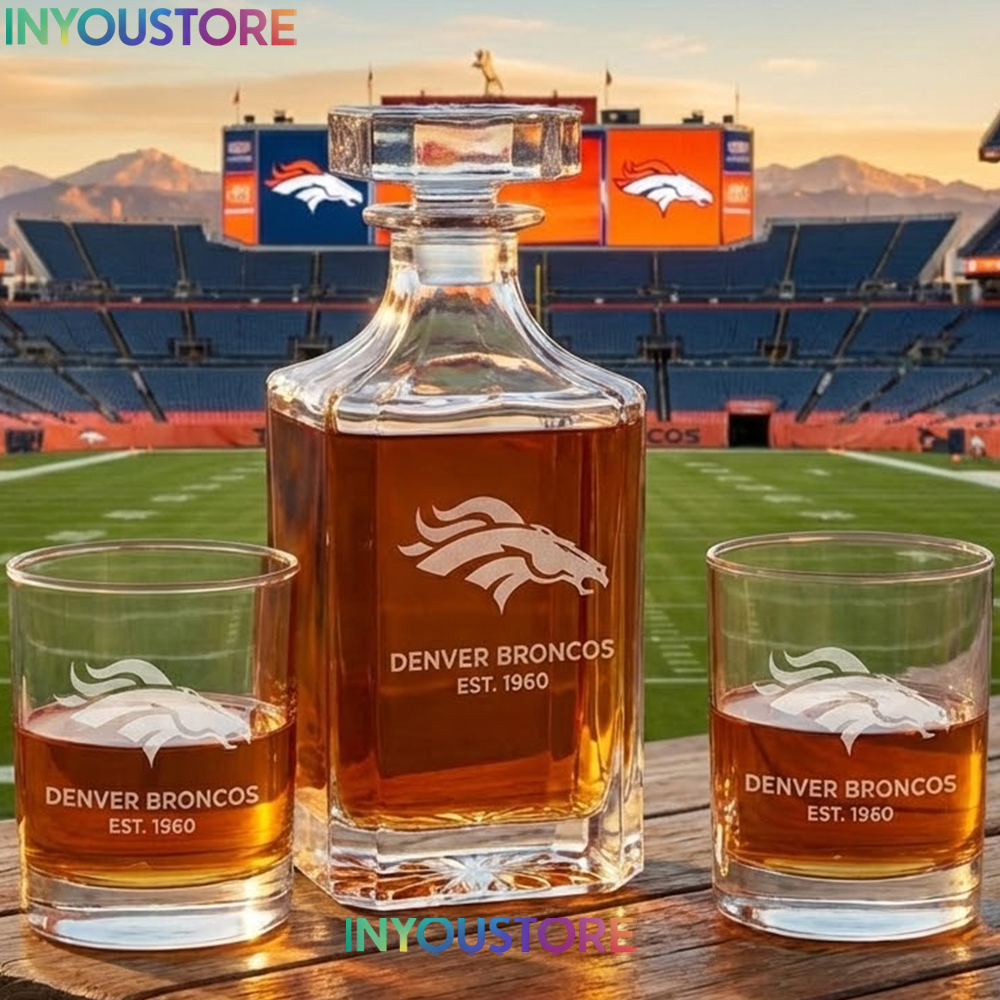 Denver Broncos Custom Decanter Set with 2 Whiskey Glasses Etched Glassware Kit Est. 1960 NFL Fan Gift