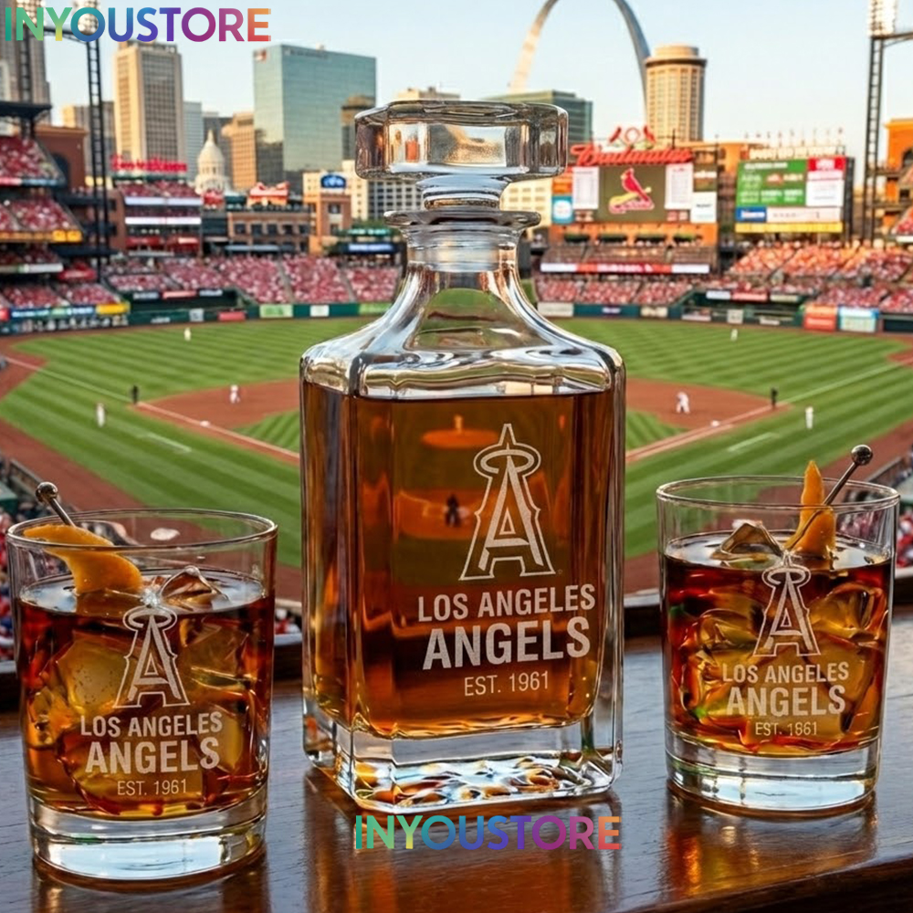 Los Angeles Angels Custom Decanter Set with 2 Whiskey Glasses Etched Glassware Kit Est. 1961 MLB Fan Gift