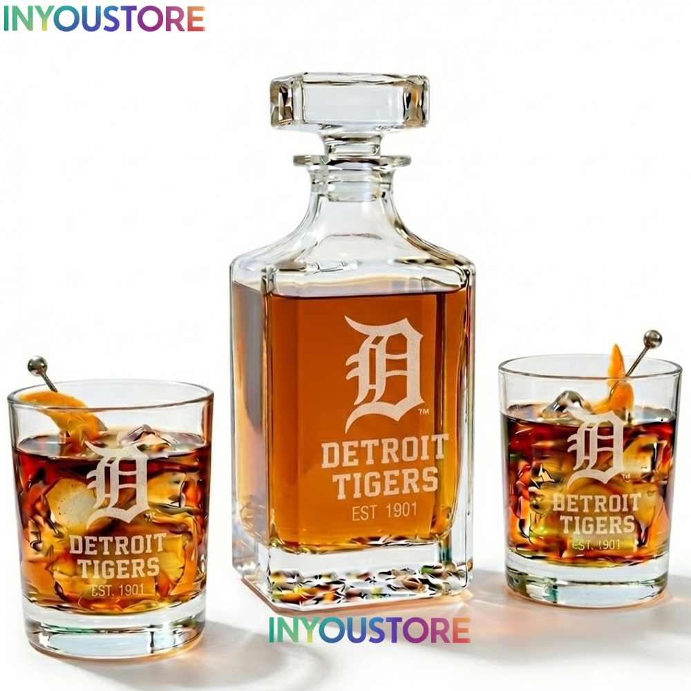Detroit Tigers Custom Decanter Set with 2 Whiskey Glasses Etched Glassware Kit Est. 1901 MLB Fan Gift - Image 4