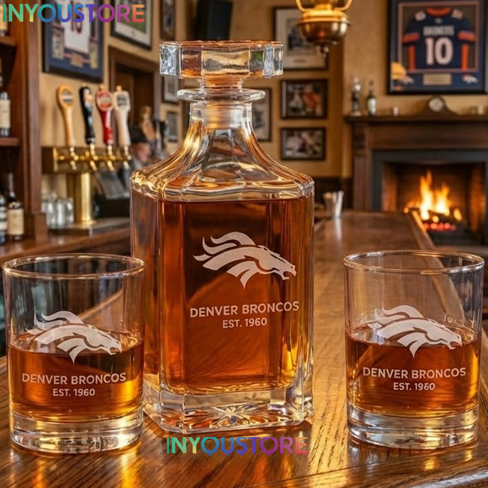 Denver Broncos Custom Decanter Set with 2 Whiskey Glasses Etched Glassware Kit Est. 1960 NFL Fan Gift - Image 3