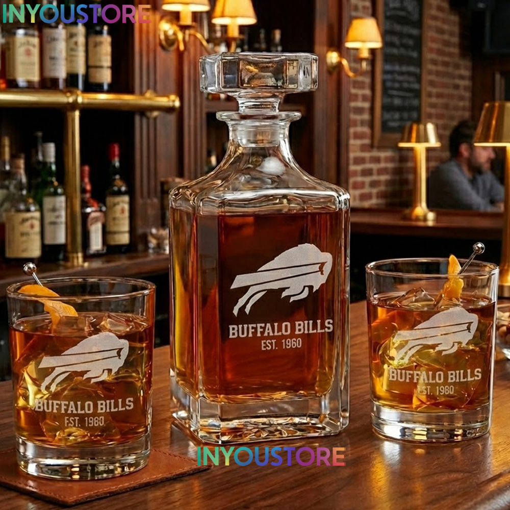 Buffalo Bills Custom Decanter Set with 2 Whiskey Glasses Etched Glassware Kit Est. 1960 NFL Fan Gift - Image 3