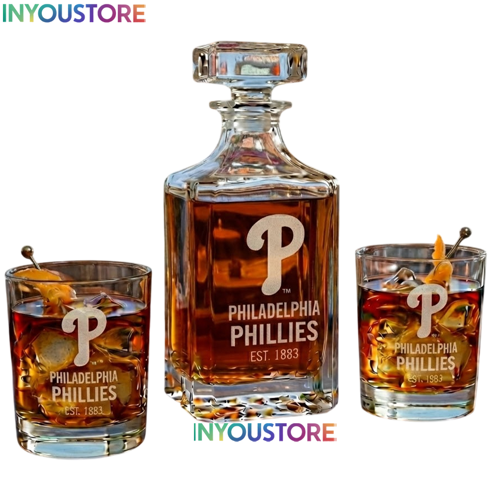 Philadelphia Phillies Custom Decanter Set with 2 Whiskey Glasses Etched Glassware Kit Est. 1883 MLB Fan Gift - Image 4