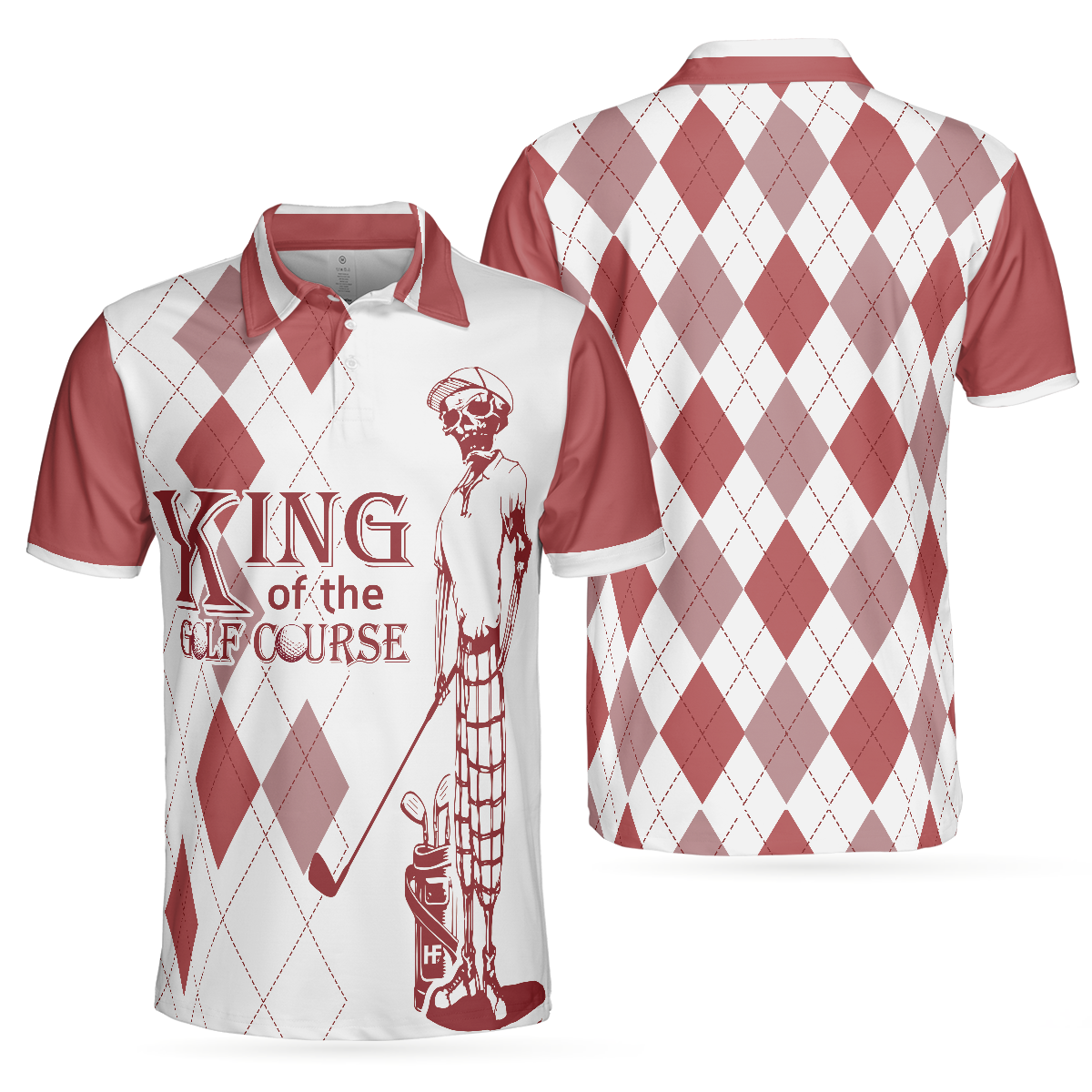 King Of The Golf Course Golf Polo Shirt, Red Argyle Pattern Skeleton Golfer Polo Shirt, Best Golf Shirt For Men