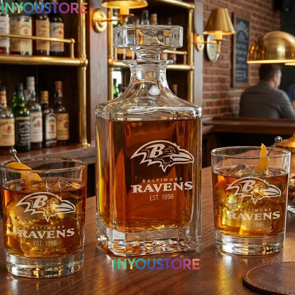 Baltimore Ravens Custom Decanter Set with 2 Whiskey Glasses Etched Glassware Kit Est. 1996 NFL Fan Gift - Image 3
