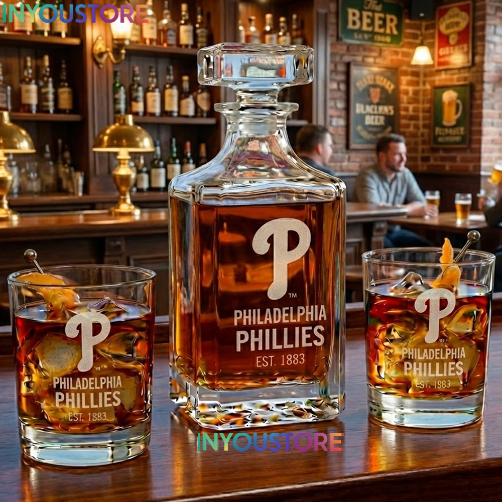 Philadelphia Phillies Custom Decanter Set with 2 Whiskey Glasses Etched Glassware Kit Est. 1883 MLB Fan Gift - Image 3