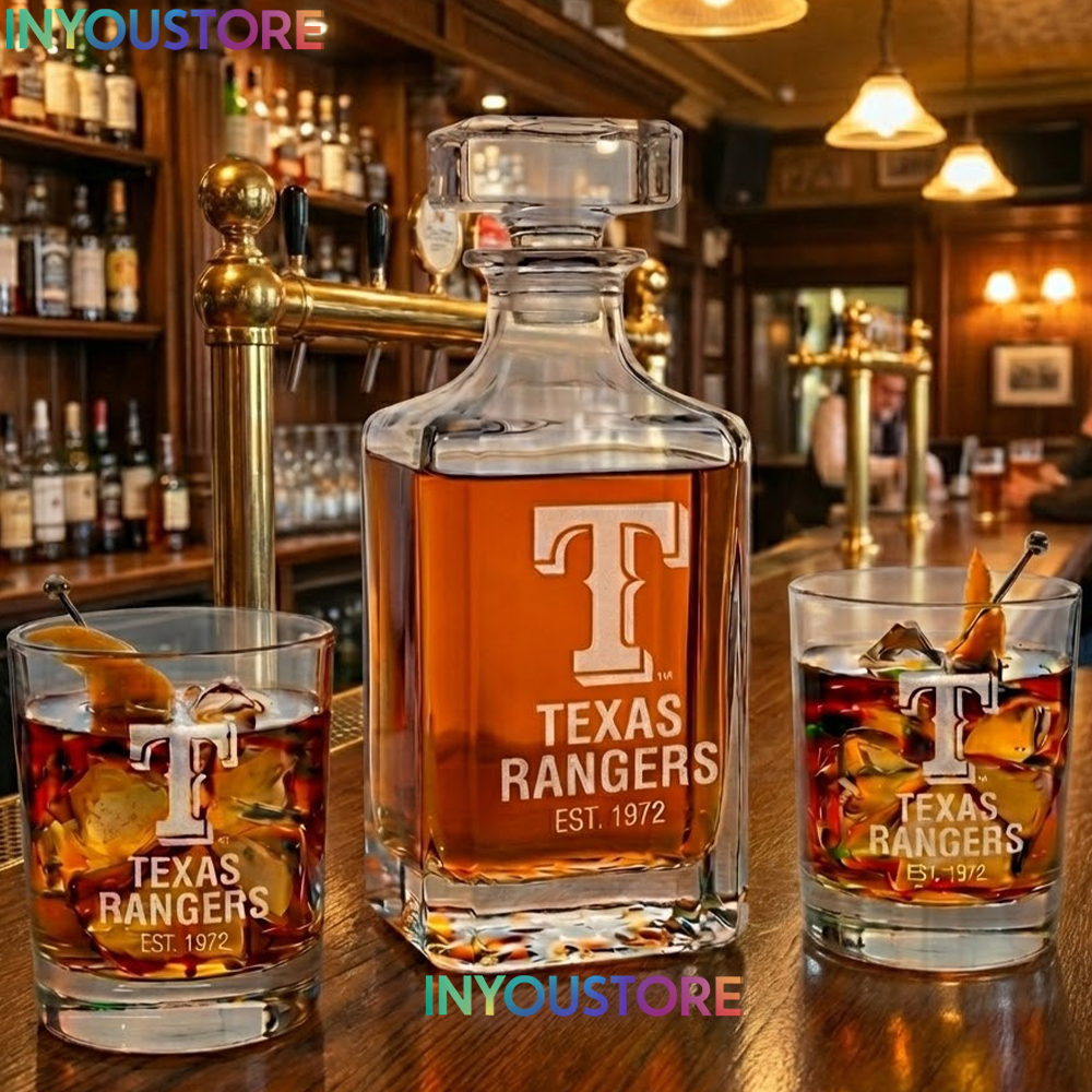 Texas Rangers Custom Decanter Set with 2 Whiskey Glasses Etched Glassware Kit Est. 1961 MLB Fan Gift - Image 3